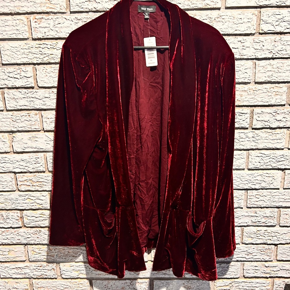 Well Worn Women XL Burgundy Crushed Velvet Open Front Blazer Cardigan Jacket NWT